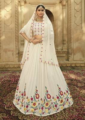 WHITE THREAD AND SEQUINS EMBROIDERED GEORGETTE FESTIVE & PARTY WEAR SEMI STITCHED LEHENGA 1