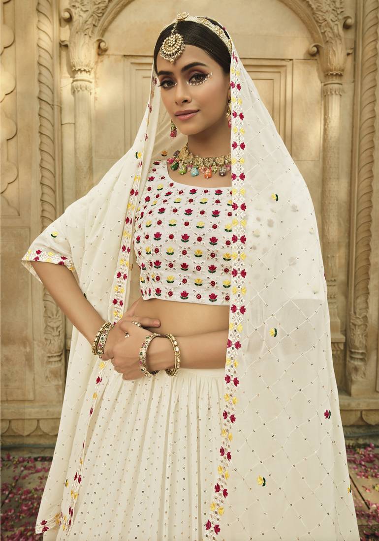 WHITE THREAD AND SEQUINS EMBROIDERED GEORGETTE FESTIVE & PARTY WEAR SEMI STITCHED LEHENGA