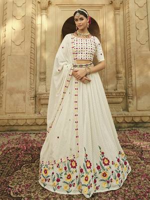 WHITE THREAD AND SEQUINS EMBROIDERED GEORGETTE FESTIVE & PARTY WEAR SEMI STITCHED LEHENGA 3
