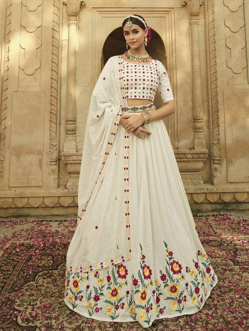 WHITE THREAD AND SEQUINS EMBROIDERED GEORGETTE FESTIVE & PARTY WEAR SEMI STITCHED LEHENGA