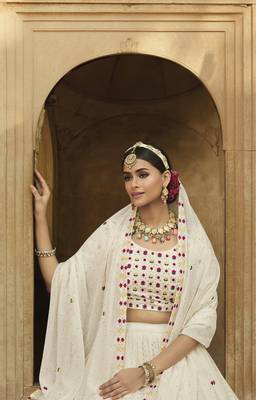 WHITE THREAD AND SEQUINS EMBROIDERED GEORGETTE FESTIVE & PARTY WEAR SEMI STITCHED LEHENGA 4