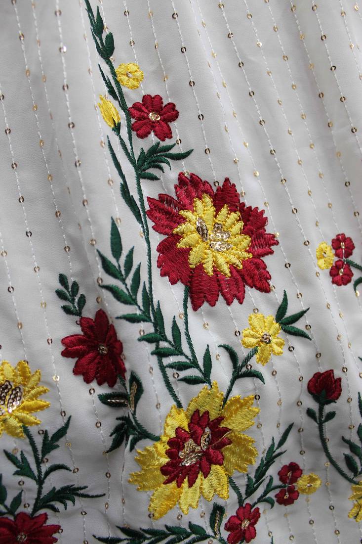 WHITE THREAD AND SEQUINS EMBROIDERED GEORGETTE FESTIVE & PARTY WEAR SEMI STITCHED LEHENGA