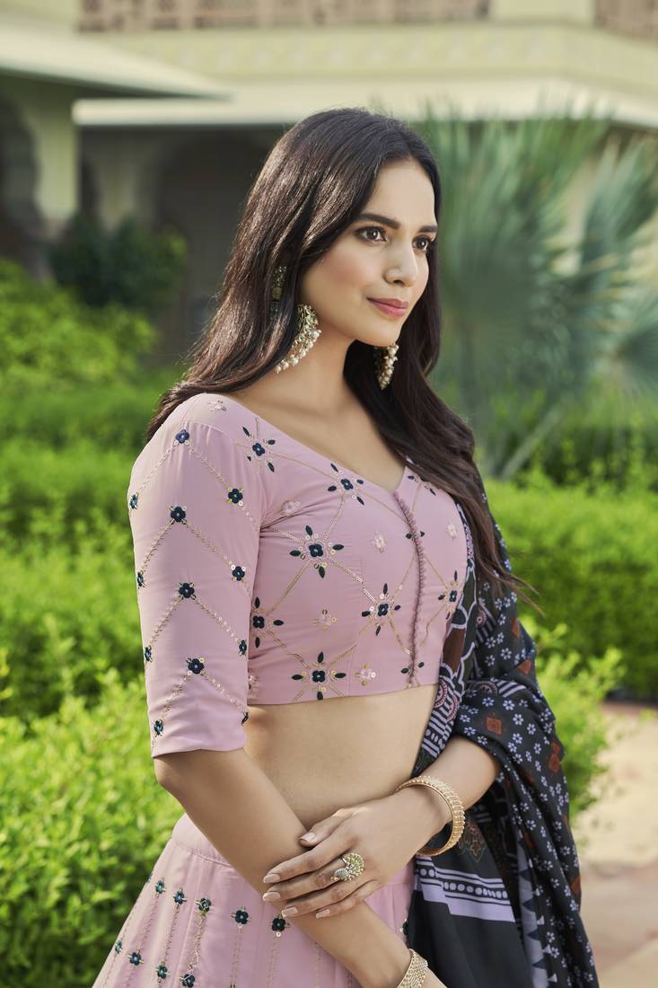 DUSTY PINK SEQUINS EMBROIDERED GEORGETTE FESTIVE & PARTY WEAR SEMI STITCHED LEHENGA