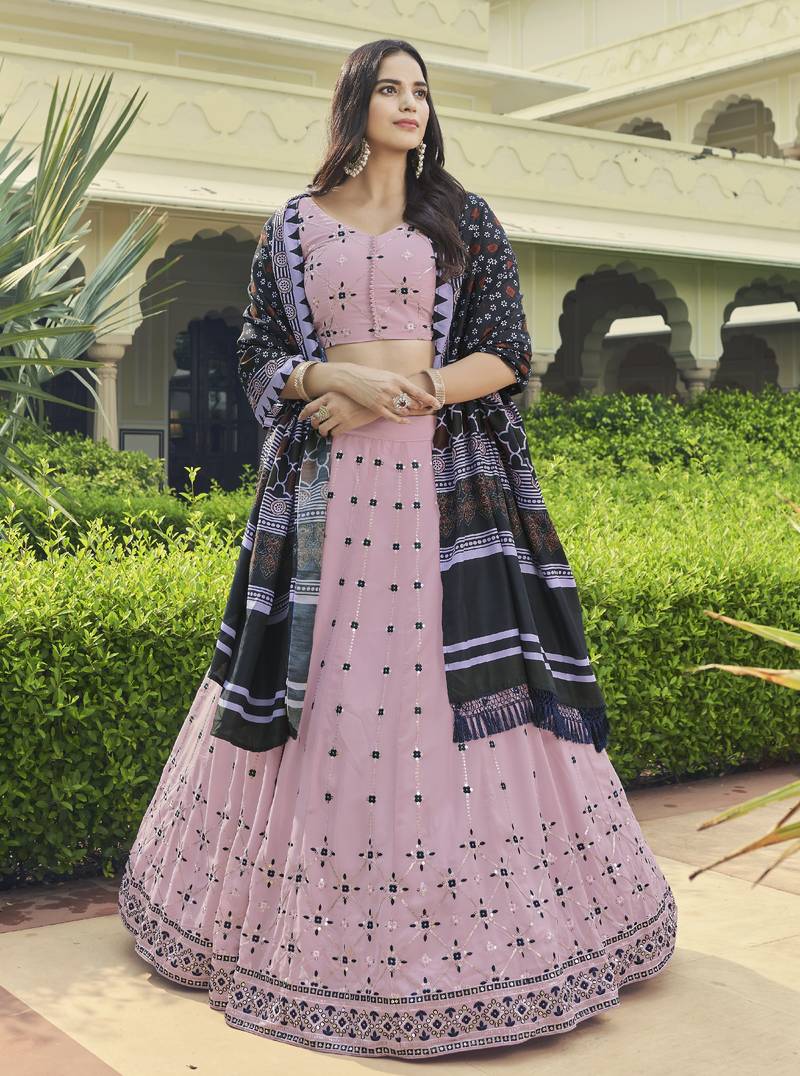 DUSTY PINK SEQUINS EMBROIDERED GEORGETTE FESTIVE & PARTY WEAR SEMI STITCHED LEHENGA