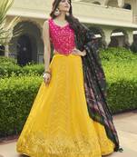 YELLOW & PINK SEQUINS EMBROIDERED GEORGETTE FESTIVE & PARTY WEAR SEMI STITCHED LEHENGA