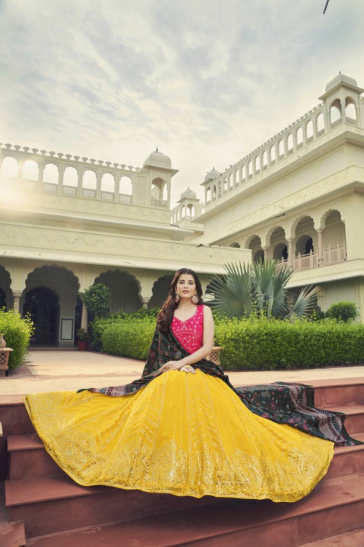 YELLOW & PINK SEQUINS EMBROIDERED GEORGETTE FESTIVE & PARTY WEAR SEMI STITCHED LEHENGA
