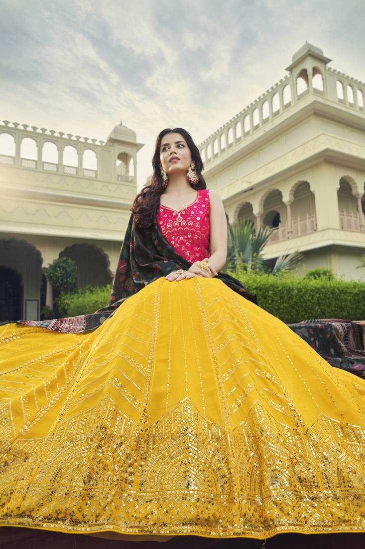 YELLOW & PINK SEQUINS EMBROIDERED GEORGETTE FESTIVE & PARTY WEAR SEMI STITCHED LEHENGA
