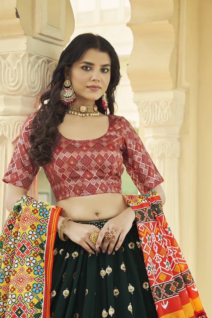 GREEN SEQUINS EMBROIDERED GEORGETTE FESTIVE & PARTY WEAR SEMI STITCHED LEHENGA