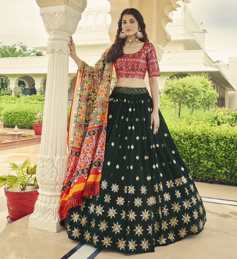 GREEN SEQUINS EMBROIDERED GEORGETTE FESTIVE & PARTY WEAR SEMI STITCHED LEHENGA