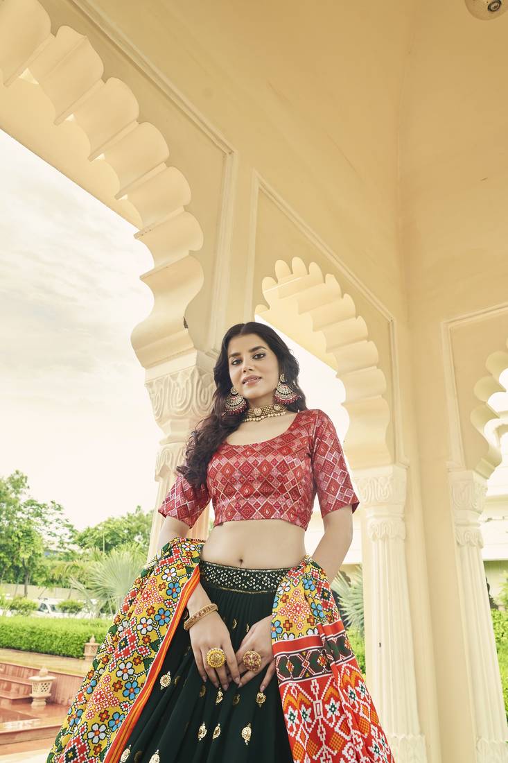 GREEN SEQUINS EMBROIDERED GEORGETTE FESTIVE & PARTY WEAR SEMI STITCHED LEHENGA