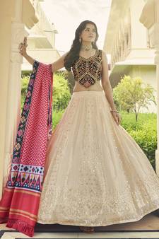 BEIGE SEQUINS EMBROIDERED GEORGETTE FESTIVE & PARTY WEAR SEMI STITCHED LEHENGA