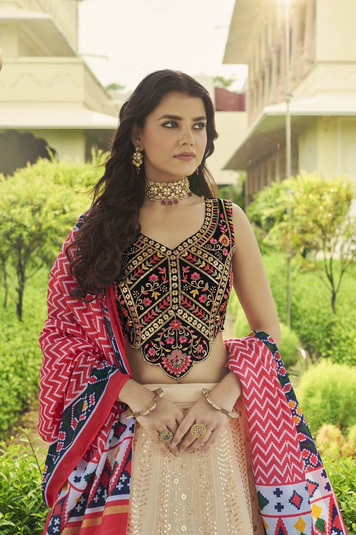 BEIGE SEQUINS EMBROIDERED GEORGETTE FESTIVE & PARTY WEAR SEMI STITCHED LEHENGA