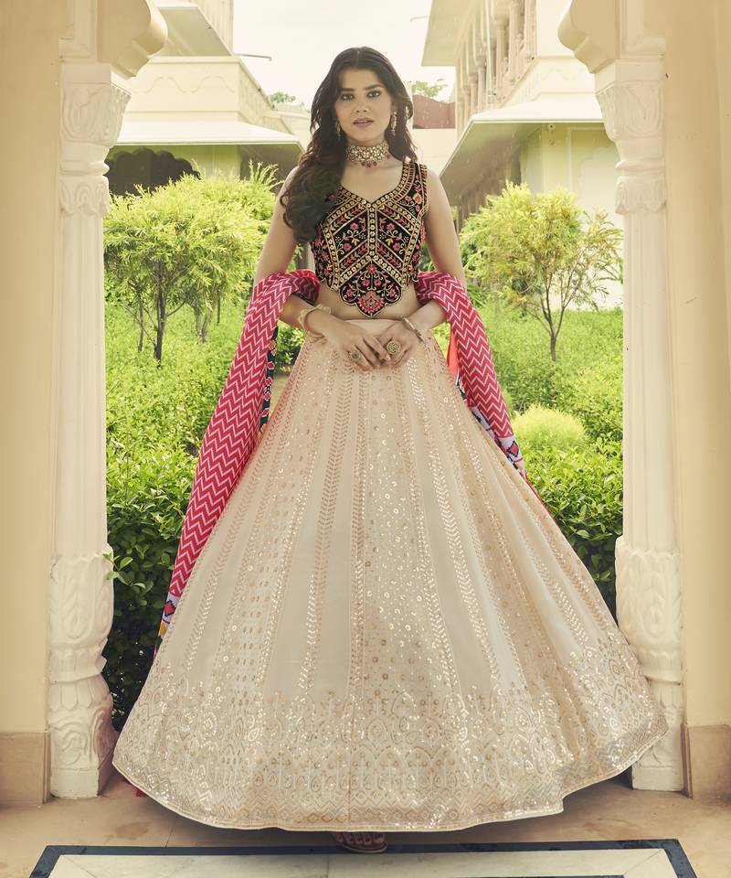 BEIGE SEQUINS EMBROIDERED GEORGETTE FESTIVE & PARTY WEAR SEMI STITCHED LEHENGA