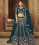 TEAL BLUE THREAD AND SEQUINS EMBROIDERED GEORGETTE FESTIVE & PARTY WEAR SEMI STITCHED LEHENGA
