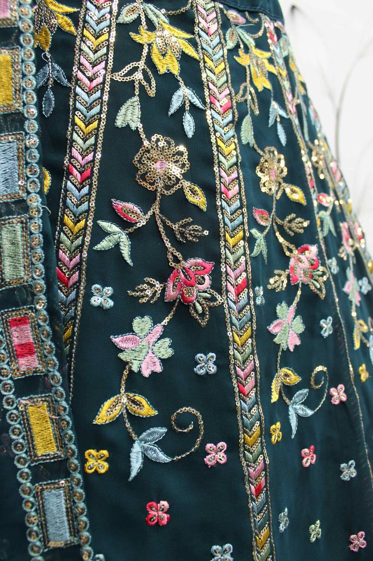 TEAL BLUE THREAD AND SEQUINS EMBROIDERED GEORGETTE FESTIVE & PARTY WEAR SEMI STITCHED LEHENGA