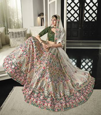 WHITE & GREEN THREAD AND SEQUINS EMBROIDERED GEORGETTE FESTIVE & PARTY WEAR SEMI STITCHED LEHENGA 1
