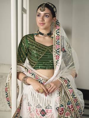 WHITE & GREEN THREAD AND SEQUINS EMBROIDERED GEORGETTE FESTIVE & PARTY WEAR SEMI STITCHED LEHENGA 2
