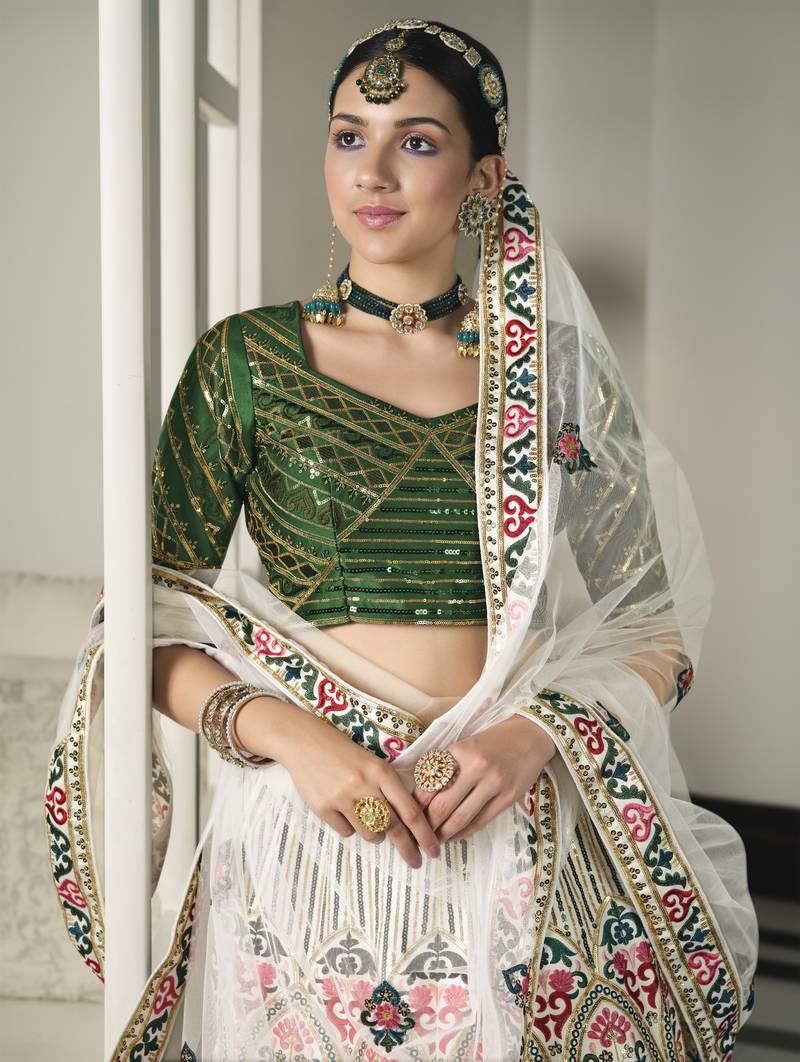 WHITE & GREEN THREAD AND SEQUINS EMBROIDERED GEORGETTE FESTIVE & PARTY WEAR SEMI STITCHED LEHENGA