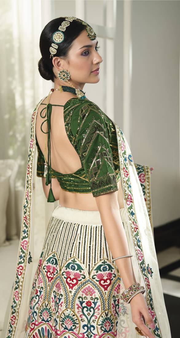 WHITE & GREEN THREAD AND SEQUINS EMBROIDERED GEORGETTE FESTIVE & PARTY WEAR SEMI STITCHED LEHENGA