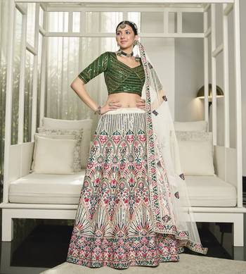 WHITE & GREEN THREAD AND SEQUINS EMBROIDERED GEORGETTE FESTIVE & PARTY WEAR SEMI STITCHED LEHENGA 4