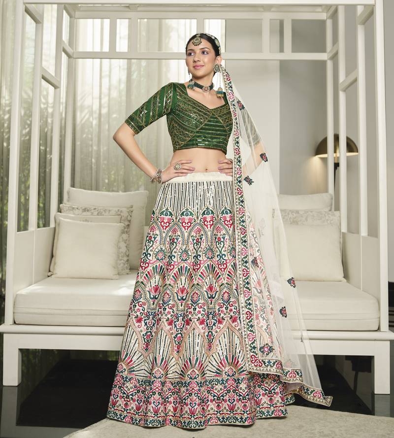 WHITE & GREEN THREAD AND SEQUINS EMBROIDERED GEORGETTE FESTIVE & PARTY WEAR SEMI STITCHED LEHENGA