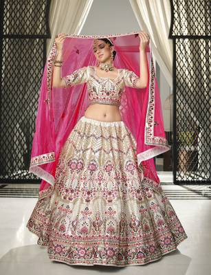 WHITE & DEEP PINK THREAD AND SEQUINS EMBROIDERED GEORGETTE FESTIVE & PARTY WEAR SEMI STITCHED LEHENGA 1