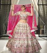 WHITE & DEEP PINK THREAD AND SEQUINS EMBROIDERED GEORGETTE FESTIVE & PARTY WEAR SEMI STITCHED LEHENGA
