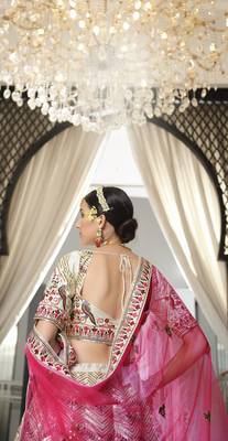 WHITE & DEEP PINK THREAD AND SEQUINS EMBROIDERED GEORGETTE FESTIVE & PARTY WEAR SEMI STITCHED LEHENGA 3