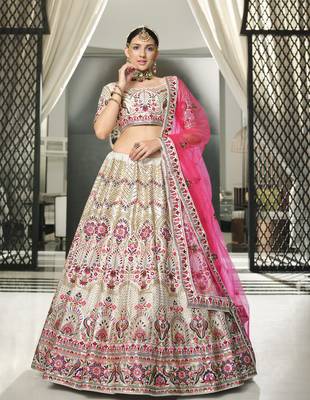WHITE & DEEP PINK THREAD AND SEQUINS EMBROIDERED GEORGETTE FESTIVE & PARTY WEAR SEMI STITCHED LEHENGA 4