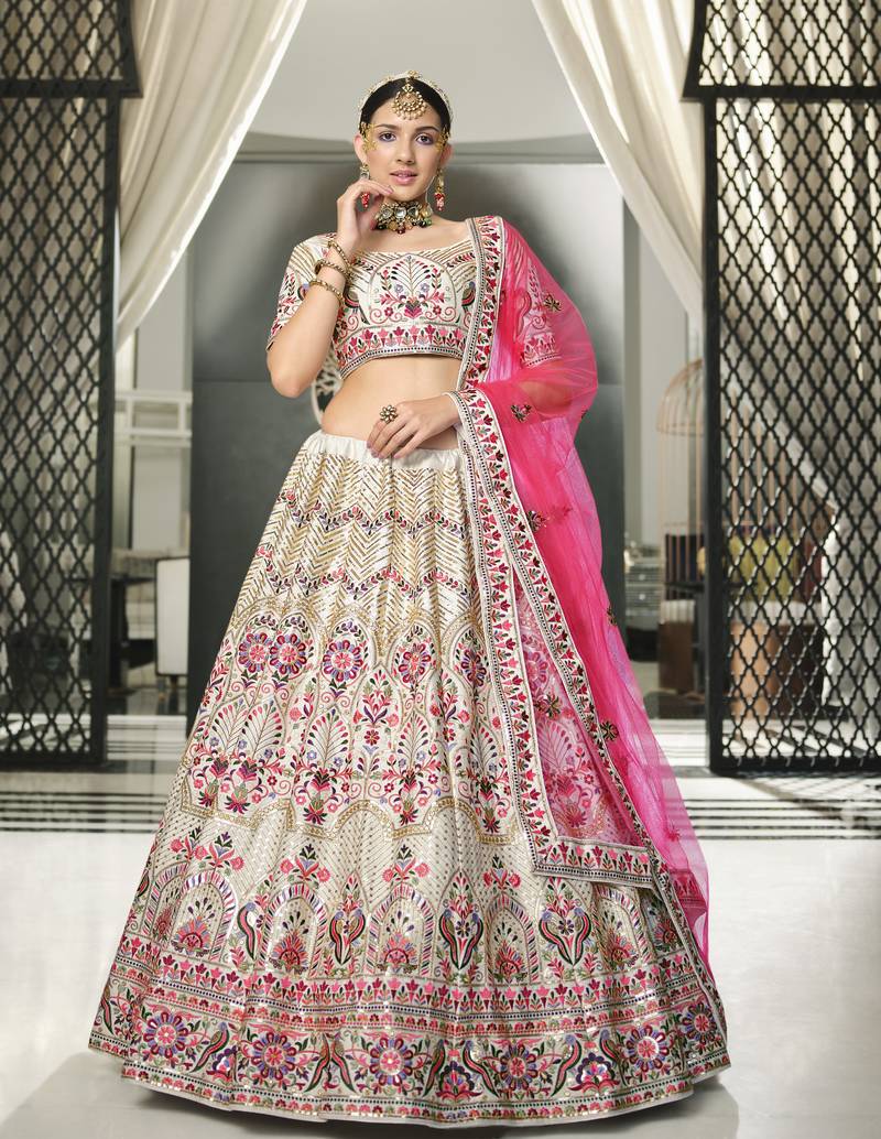 WHITE & DEEP PINK THREAD AND SEQUINS EMBROIDERED GEORGETTE FESTIVE & PARTY WEAR SEMI STITCHED LEHENGA