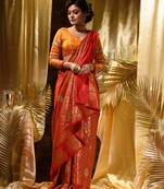 HOUSE OF BEGUMs Women's Red Zari Weaved Kanjivaram Saree With Stone Work with blouse piece