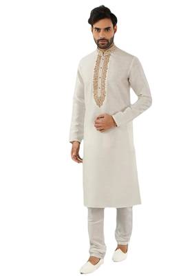 White embroidered art dupion silk kurta-pajama 1