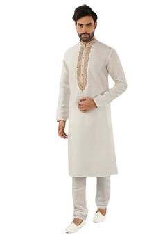 White embroidered art dupion silk kurta-pajama