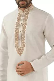 White embroidered art dupion silk kurta-pajama