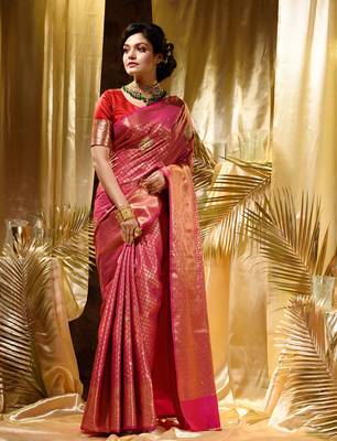 HOUSE OF BEGUMs Women's Pink Zari Weaved Kanjivaram Saree With Stone Work with blouse piece 1