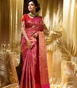HOUSE OF BEGUMs Women's Pink Zari Weaved Kanjivaram Saree With Stone Work with blouse piece