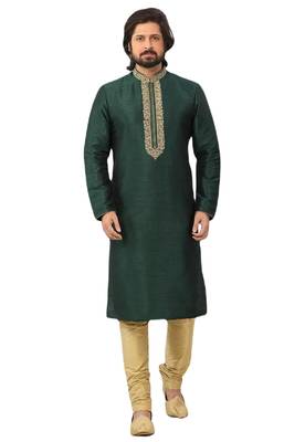 Green embroidered art dupion silk kurta-pajama 1