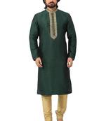 Green embroidered art dupion silk kurta-pajama
