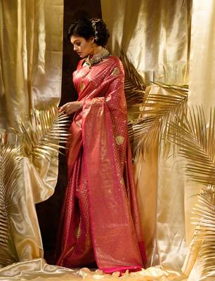 HOUSE OF BEGUMs Women's Pink Zari Weaved Kanjivaram Saree With Stone Work with blouse piece 3