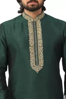 Green embroidered art dupion silk kurta-pajama