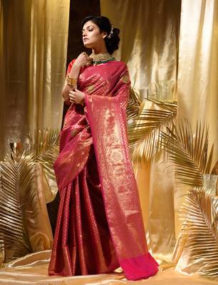 HOUSE OF BEGUMs Women's Pink Zari Weaved Kanjivaram Saree With Stone Work with blouse piece 4