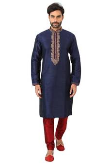 Blue embroidered art dupion silk kurta-pajama