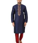 Blue embroidered art dupion silk kurta-pajama