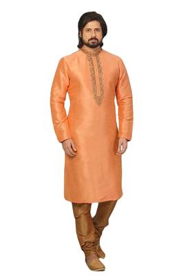 Orange embroidered art dupion silk kurta-pajama 1