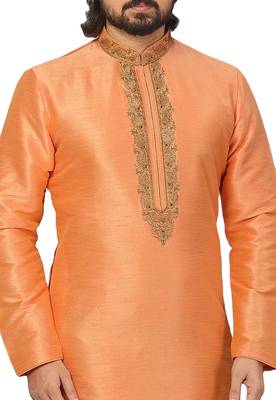 Orange embroidered art dupion silk kurta-pajama 2
