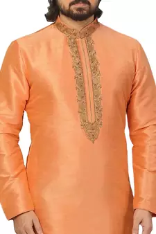 Orange embroidered art dupion silk kurta-pajama