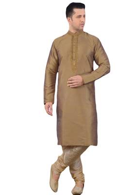 Brown embroidered art dupion silk kurta-pajama 1