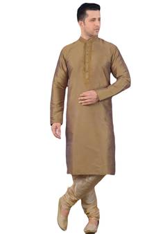 Brown embroidered art dupion silk kurta-pajama