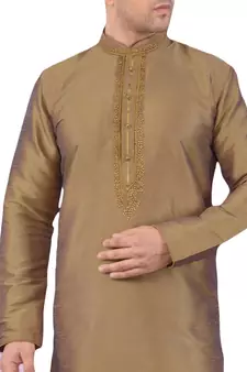 Brown embroidered art dupion silk kurta-pajama