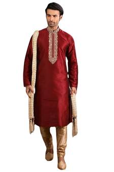 Maroon embroidered art dupion silk kurta-pajama